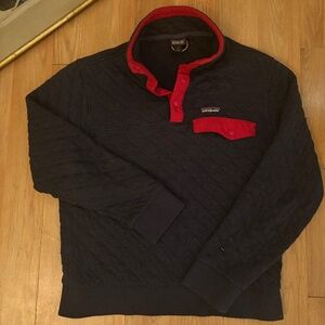 Men's Patagonia Navy Blue Red Organic Cotton Quilt Snap T Pullover Jacket Sz S